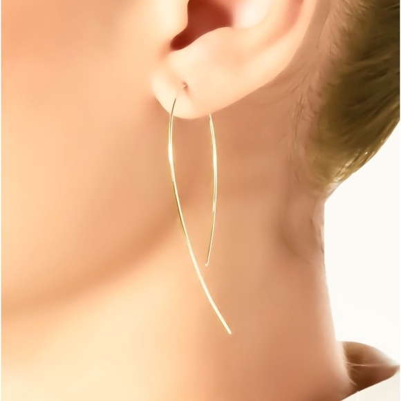 14K 𝗦𝗢𝗟𝗜𝗗 Yellow Gold Hooked On Hoops Upside Down Threader Earrings 2” Long - Picture 9 of 12